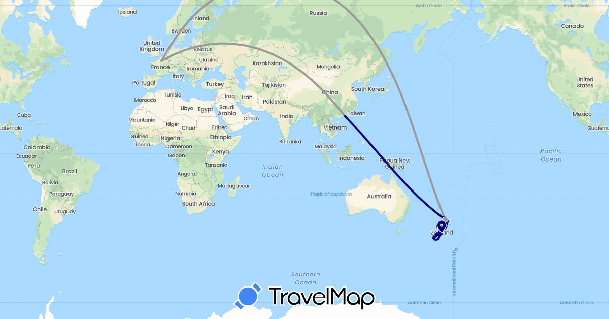 TravelMap itinerary: driving, plane, hiking, boat in France, Hong Kong, New Zealand (Asia, Europe, Oceania)